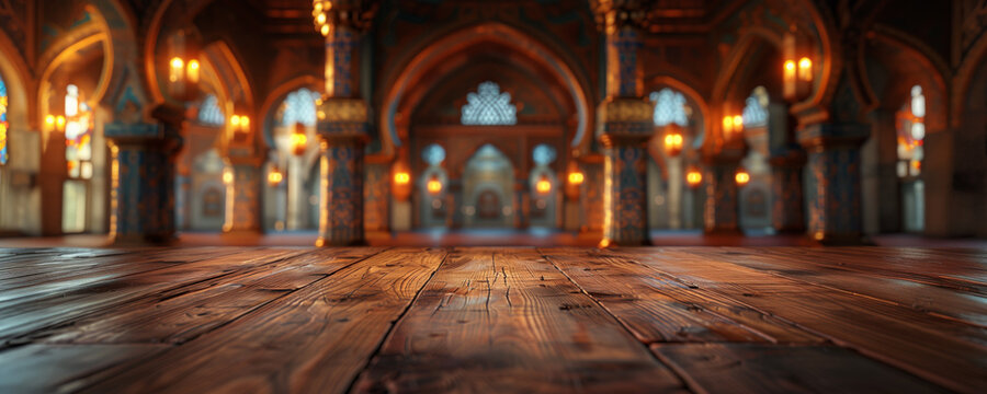 Ramadan Mubarak background. Islamic Mosque interior architecture or Masjid place of worship and prayer. Festive Muslim holy month happy holidays greeting card, invitation or banner backdrop. 8k .