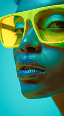 Close-up bluish portrait of a young attractive woman, a seductive lady with full juicy lips wears neon yellow modern sunglasses as a fashion detail.