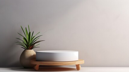 White Ceramic Vase with Potted Plant on Wooden Stand
