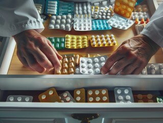 Close-Up of Pharmacist's Hands Handling Medication Above a Medicine Drawer - obrazy, fototapety, plakaty