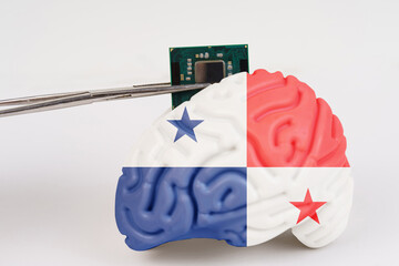 On a white background, a model of the brain with a picture of a flag - Panama, a microcircuit