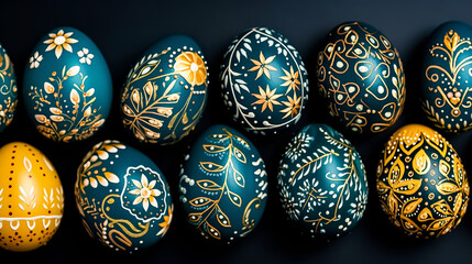 Easter eggs painted in blue and gold colors on a black background. Top view. Greeting card on an...