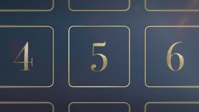 Door number 5 five opening calendar reveal, updateable green screen revealing transition sting, 3D gold xmas festive golden numbered doors shiny video, Christmas Advent Calendar animation