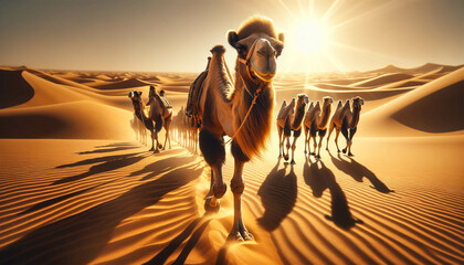 A caravan of camels travels through the sunny desert. Camel caravan close-up.