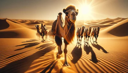 Selbstklebende Fototapeten A caravan of camels travels through the sunny desert. Camel caravan close-up. © Jakob