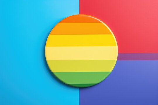 A striking rainbow-colored circle over a geometric quadrants of blue, red, purple, and light blue. Abstract Rainbow Circle on Multicolored Background