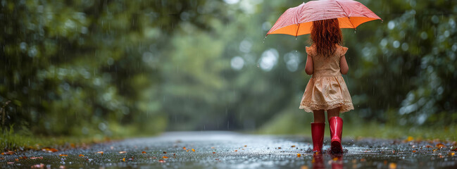 Spring rain. A little girl walks in the rain in the park.