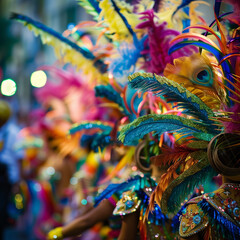 Fototapeta na wymiar Vibrant Rio Carnival Celebration Scene with Colorful Costumes