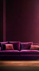Modern Purple Sofa in a Dimly Lit Room with Red Walls
