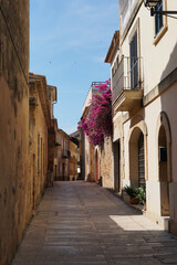 Narrow street in the old town. European, a deserted street in sunny weather. Spain, Majorca. Sandy and light beige houses.