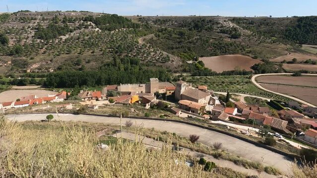 Elevated view of a small village on the banks of the Duero River, in the province of Valladolid, Curiel de Duero.