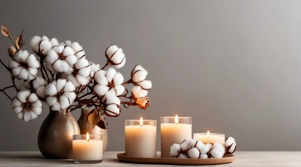 Fototapeta na wymiar Stylish table with cotton flowers and scented candles against a light wall.