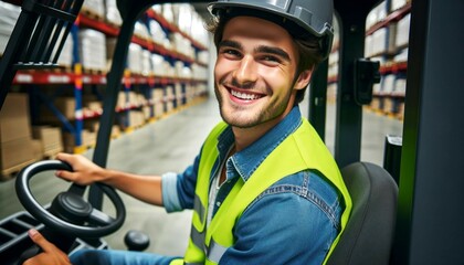A smiling young man is in a forklift, ready for operation in a warehouse environment. 