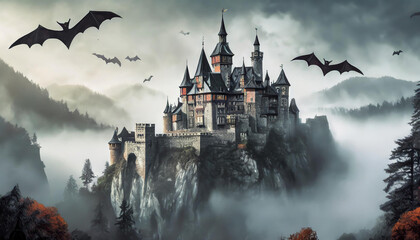 creepy mythical places – Castle of Dracula in Transylvania - obrazy, fototapety, plakaty