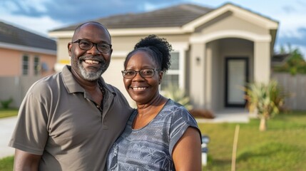 Happy Homeowners in Front of Their Suburban House: new homeowners smiling, suburban home backdrop, residential joy