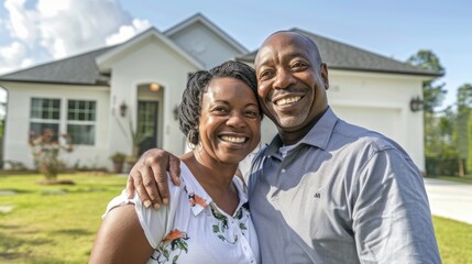 Happy Homeowners in Front of Their Suburban House: new homeowners smiling, suburban home backdrop, residential joy