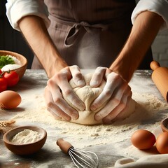 Fototapeta premium Hands kneading dough on a floured wood surface, flour dust in motion, baking process, fresh ingredients visible, culinary art, home cooking, chef in apron, pastry preparation, kitchen table.