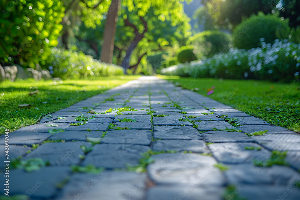 Poster cobblestone path in a lush garden with sunlight filtering through trees