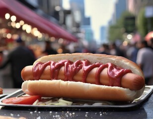 A hotdog is an iconic snack consisting of a sausage in a bun, typically adorned with various flavorful condiments and sauces. AI generation.