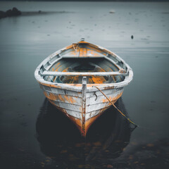 Serene Lake Scene with a Single Wooden Boat