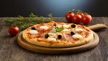 Pizza, a beloved Italian dish, features a thin crust topped with tomato sauce, cheese, and various toppings, creating a delectable and versatile culinary delight. AI generation.