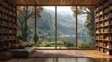 Interior retirement home office library study bookshelf background with window of trees and mountains water lake scenery. Bookshelves in room. Online virtual presentation teams meeting room.