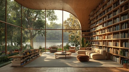 bookshelf background interior retirement home office library study with window of trees and water lake scenery. Bookshelves in room. Online virtual presentation teams meeting room background.