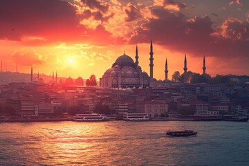 Fototapeta premium Sunset Over the Golden Horn and Bosphorus with Istanbul Skyline