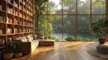 scenic bookshelf background of interior retirement home office library study with window views of trees with water lake scenery bookshelves backdrop. Online presentation teams meeting room background.