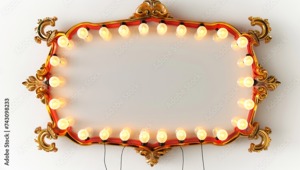 Poster an empty gold and orange frame with light bulbs generative ai