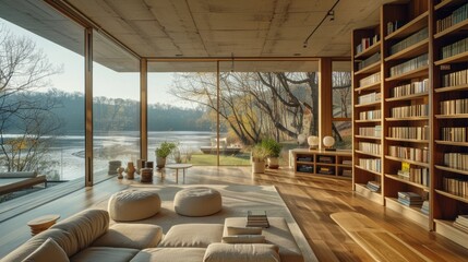 bookshelf background of interior home office library study window views of trees and water lake scenery. Bookshelves in contemporary room. Online virtual presentation teams meeting room background.