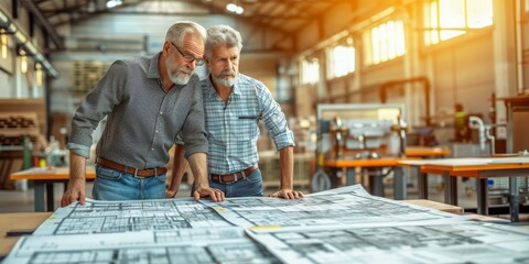 Seasoned Engineers Collaborate over Complex Blueprints, Sharing Knowledge and Strategy in an Industrial Workshop, Generative AI