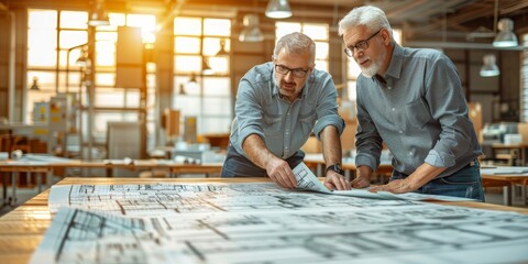 Seasoned Engineers Collaborate over Complex Blueprints, Sharing Knowledge and Strategy in an Industrial Workshop, Generative AI