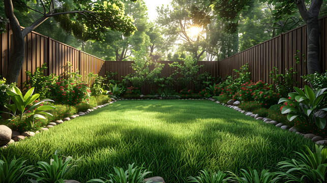 path in the garden 3d image,
A backyard with a fence and a fence.

