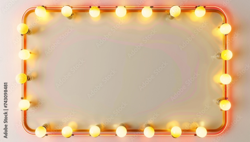 Poster an empty gold and orange frame with light bulbs generative ai