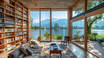 bookshelf background of interior retirement home office library study with window views of trees with water lake scenery bookshelves backdrop. Online virtual presentation meeting room background.