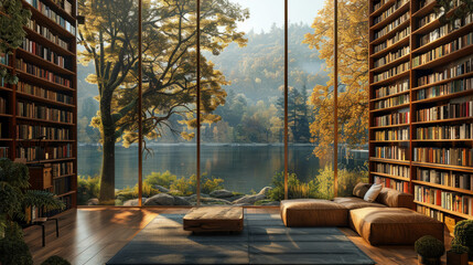 mountains bookshelf background of interior home office library study window view of trees and water lake scenery. Bookshelves in contemporary room. Online virtual presentation teams meeting room