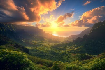 Majestic Sunset Over Kalalau Valley, Kauai Island, with Lush Green Mountains and Vibrant Sky