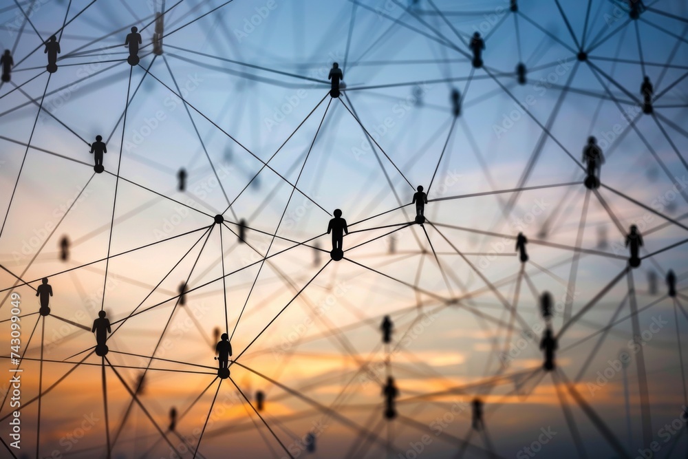 Poster global network connections - silhouetted figures connected by lines on a global network, symbolizing