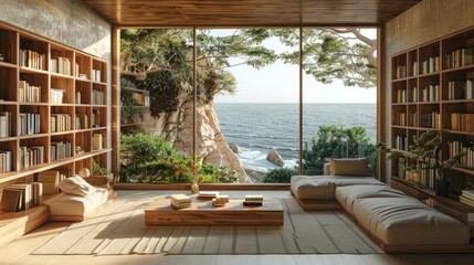 ocean bookshelf background interior retirement home office library study with window views of trees and beach scenery backdrop. Bookshelves in room. Online virtual presentation meeting room background