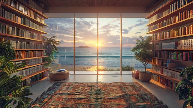 ocean bookshelf background of interior retirement home office library in soft sunlight with window view beach scenery bookshelves backdrop. Online virtual presentation meeting room background