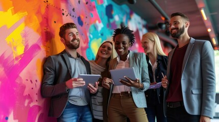 A cheerful group of young professionals uses tablets in front of a colorful mural, radiating creativity and collaboration. AIG41
