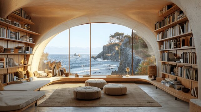 Ocean bookshelf background interior retirement home office library study with window views of beach scenery. Bookshelves in contemporary decorated room. Online presentation meeting room teams backdrop