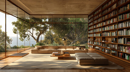 bookshelf background of interior retirement home office library study with window views of trees and hills scenery. Bookshelves in contemporary room. Online virtual presentation meeting room backdrop