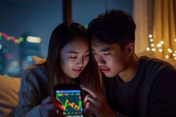 Fototapeta premium Young Asian Couple Analyzing Financial Investments on Smartphone App at Home
