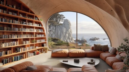 Inviting scenic home office library with expansive views of nature in soft sunlight with ocean beach scenery. Bookshelf in contemporary decorated room. Online zoom presentation meeting room background