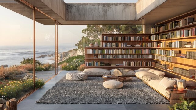 Ocean bookshelf background interior retirement home office library study of window views of trees and beach teams backdrop. Bookshelves in room. Online virtual presentation meeting room background