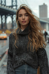 A young skinny woman is walking in the streets of New York