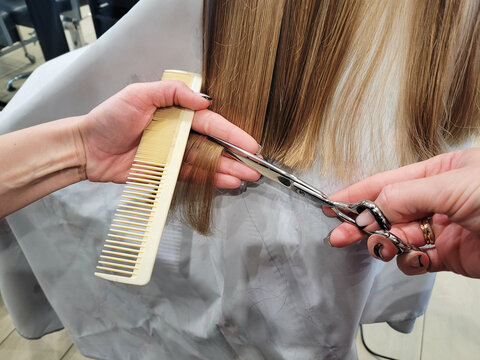 Hairdresser cuts hair with scissors, shortens hair length