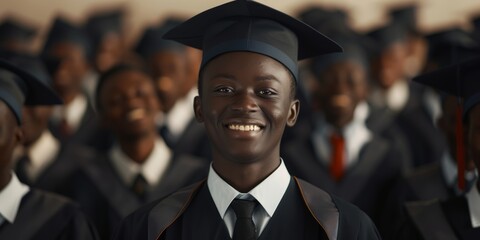 Smiling African Male Graduate in Cap and Gown with Diverse Students Celebrating in Background